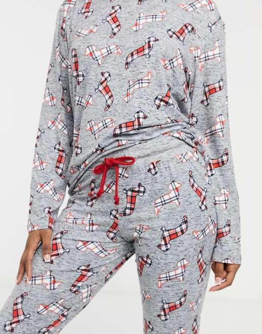 Chelsea Peers poly check print dachshund long pajama set in gray NAVY