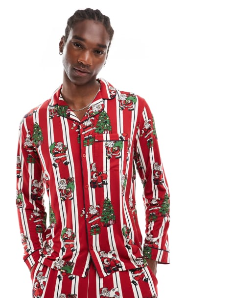 Chelsea Peers poly Christmas His & Hers long sleeve revere and pants pajama set in vintage santa stripe print - view 1