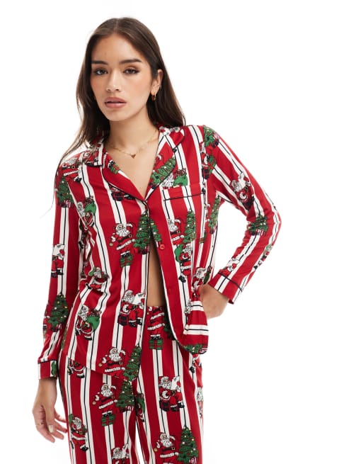 Chelsea Peers poly Christmas His Hers long sleeve revere and trouser pyjama set in vintage santa stripe print ASOS