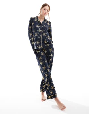 poly foil bow print long sleeve camp collar shirt and pants pajama set in navy