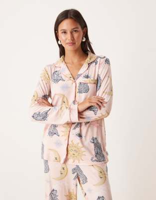 Chelsea Peers Poly Long Sleeve Camp Collar Pajama Set In Pink