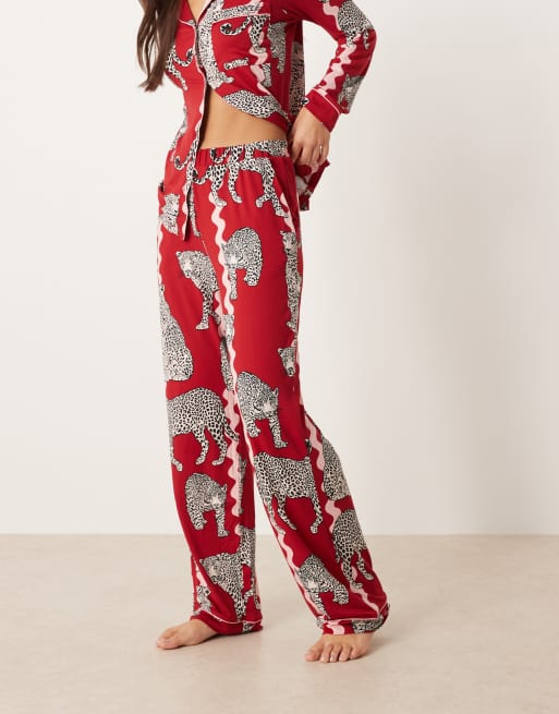 Chelsea Peers poly long sleeve camp collar pajama set in leopard wiggle striped print