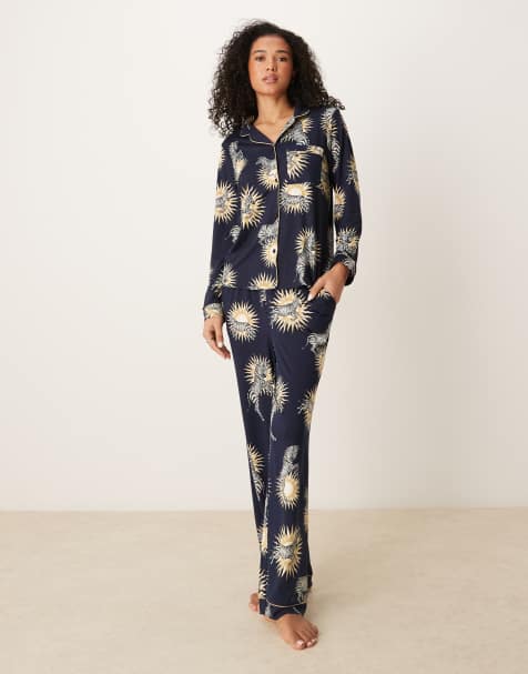 Chelsea Peers poly long sleeve camp collar pajama set in sun and zebra print - view 1
