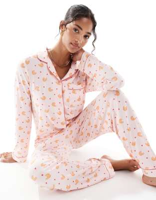 Chelsea Peers poly long sleeve revere pajama set in croissant print-pink