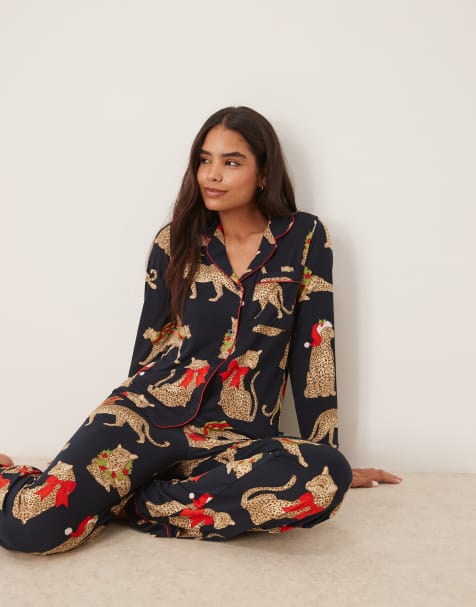 Chelsea Peers poly long sleeve revere pyjama set in Christmas leopard print - view 1
