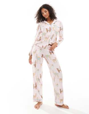 poly long sleeve revere top and pants pajama set in pink alpaca print-Multi