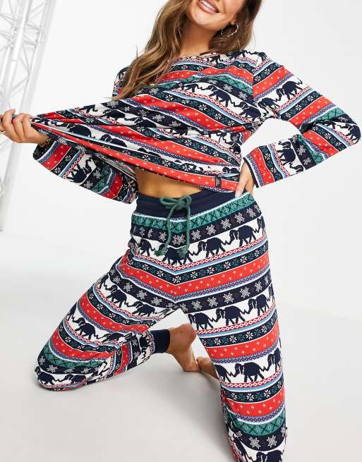 Chelsea Peers poly long sleeve top and trackies pyjama set in elephant fair isle print - MULTI