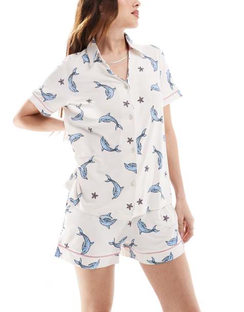 Chelsea Peers poly short sleeve revere and short set in dolphin print  - view 1