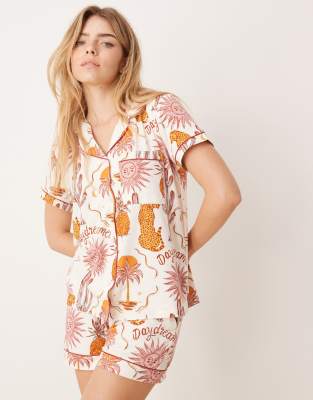 poly short sleeve revere and shorts set in paradise print-Multi