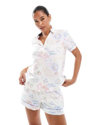 poly short sleeve revere pajama set in breakfast table print-Multi