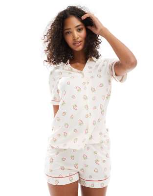 poly short sleeve revere pajama set in ditsy strawberry print-Multi