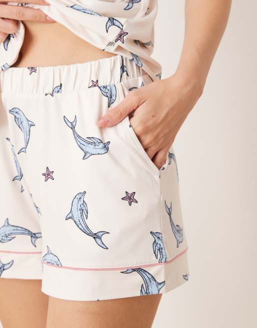 Chelsea Peers poly short sleeve revere shirt and shorts set in dolphin print