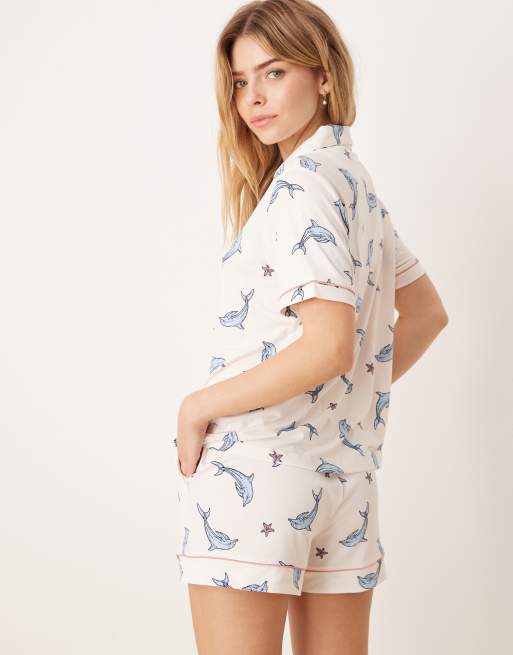 Chelsea Peers poly short sleeve revere shirt and shorts set in dolphin print