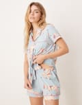 [Chelsea Peers] Chelsea Peers poly short sleeve revere shirt and shorts set in zebra print-Blue 14 BLUE