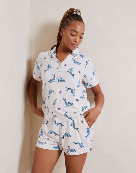 Chelsea Peers poly short sleeve revere top and short set in dolphin print - view 1