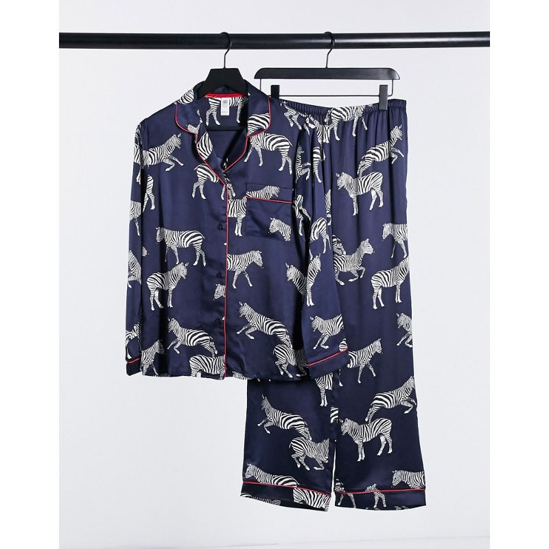 ddi5y Intimo e abbigliamento notte Chelsea Peers Premium - Completo pigiama lungo in raso blu navy con rever e stampa a zebre