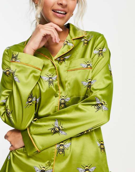 Chelsea Peers premium satin bee print button top and trouser pyjama set in olive