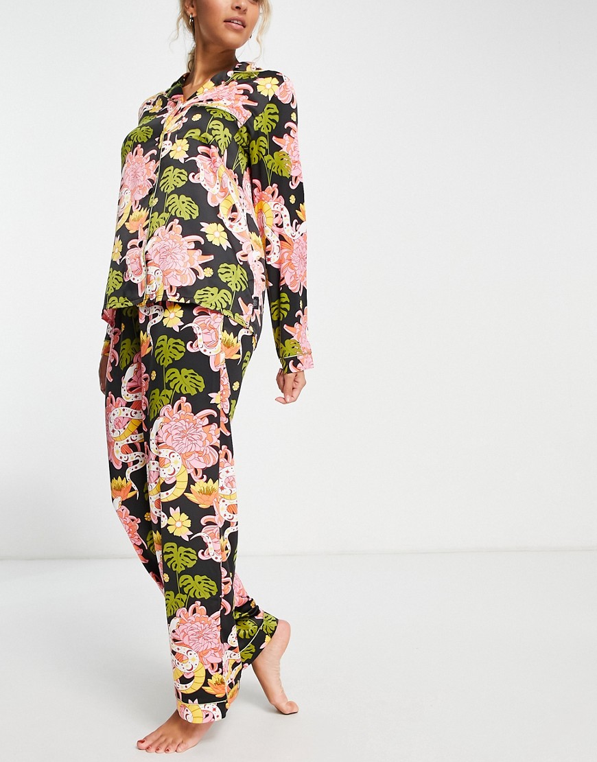 Chelsea Peers premium satin dark floral button up pajama set in multi