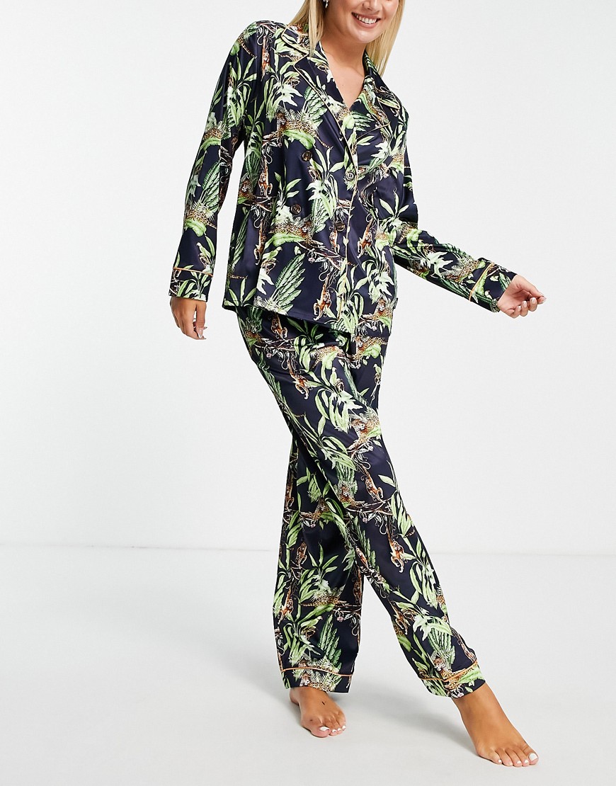 Chelsea Peers premium satin double breasted camp collar top and pants pajama set in navy jungle print-Black