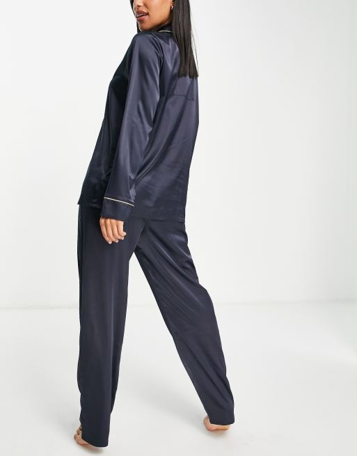 Chelsea Peers premium satin double breasted camp collar top and slim leg pants pajama set in navy