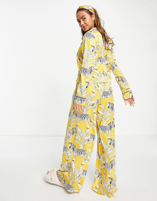 Chelsea Peers premium satin double breasted camp collar top and wide leg pants pajama set with headband in yellow zebra print