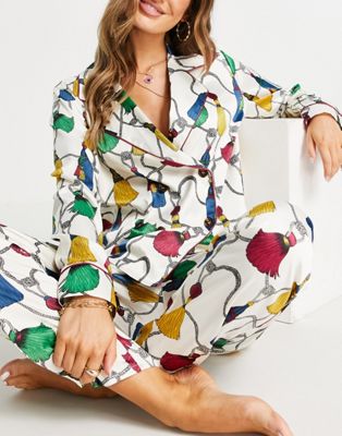 Chelsea Peers premium satin double breasted revere top and slim leg trouser pyjama set in cream tassle print