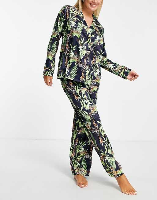 Chelsea Peers premium satin double breasted revere top and trouser pyjama set in navy jungle print