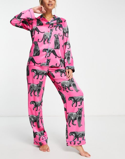 Chelsea Peers premium satin panther print button top and pants pyjama set in pink