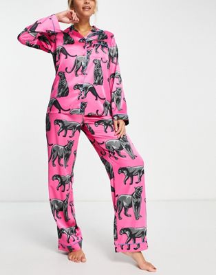 Chelsea Peers premium satin panther print button top and trouser pyjama set in pink