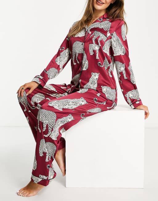 Chelsea Peers premium satin revere top and bottom pajama set in wine leopard print