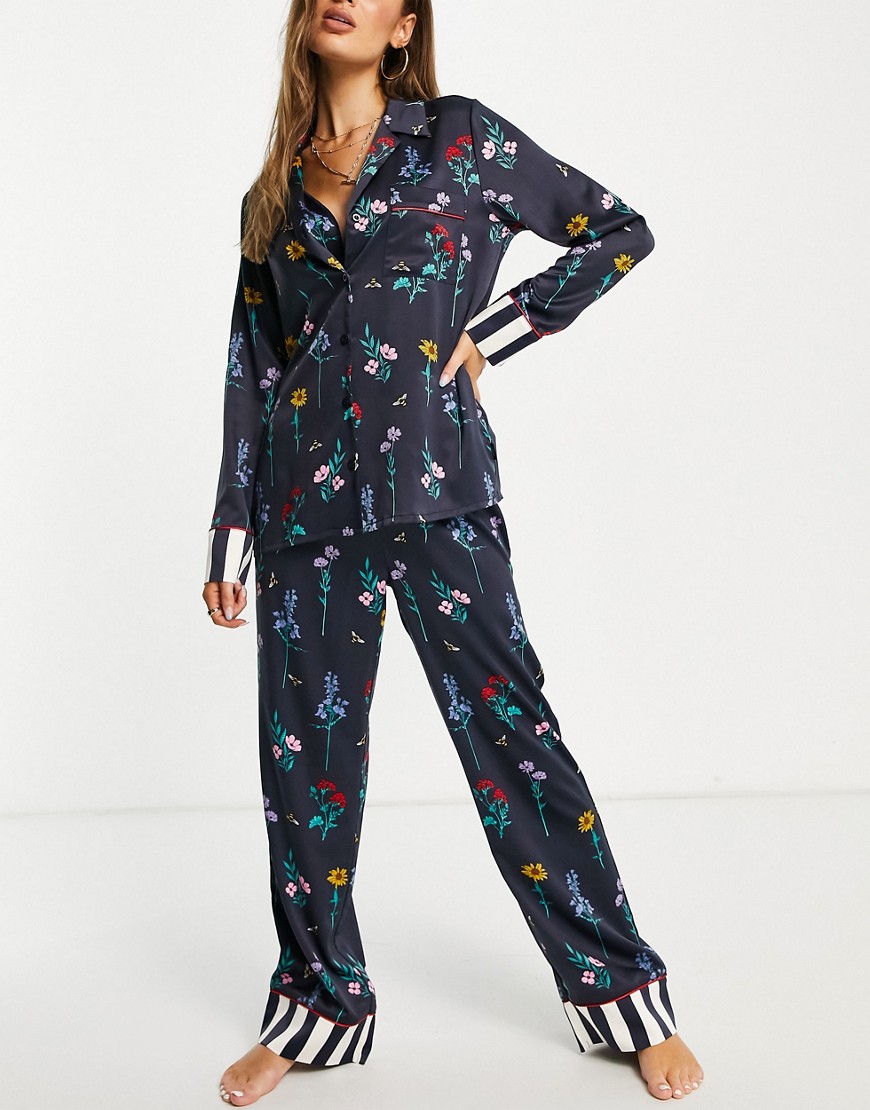 Chelsea Peers premium satin revere top and bottom pajama set with contrast stripe turnback cuff in navy floral print
