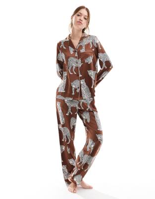 premium satin revere top and pants pajama set in brown lotus tiger print