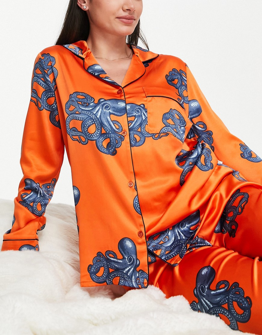 Chelsea Peers premium satin revere top and pants pajama set in orange octopus print