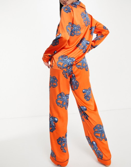 Chelsea Peers premium satin revere top and pants pajama set in orange octopus print