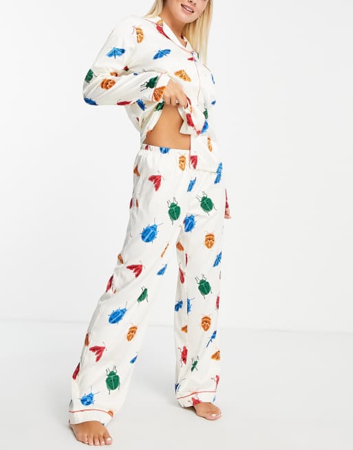 Chelsea Peers premium satin revere top and pants pyjama set in cream bug print