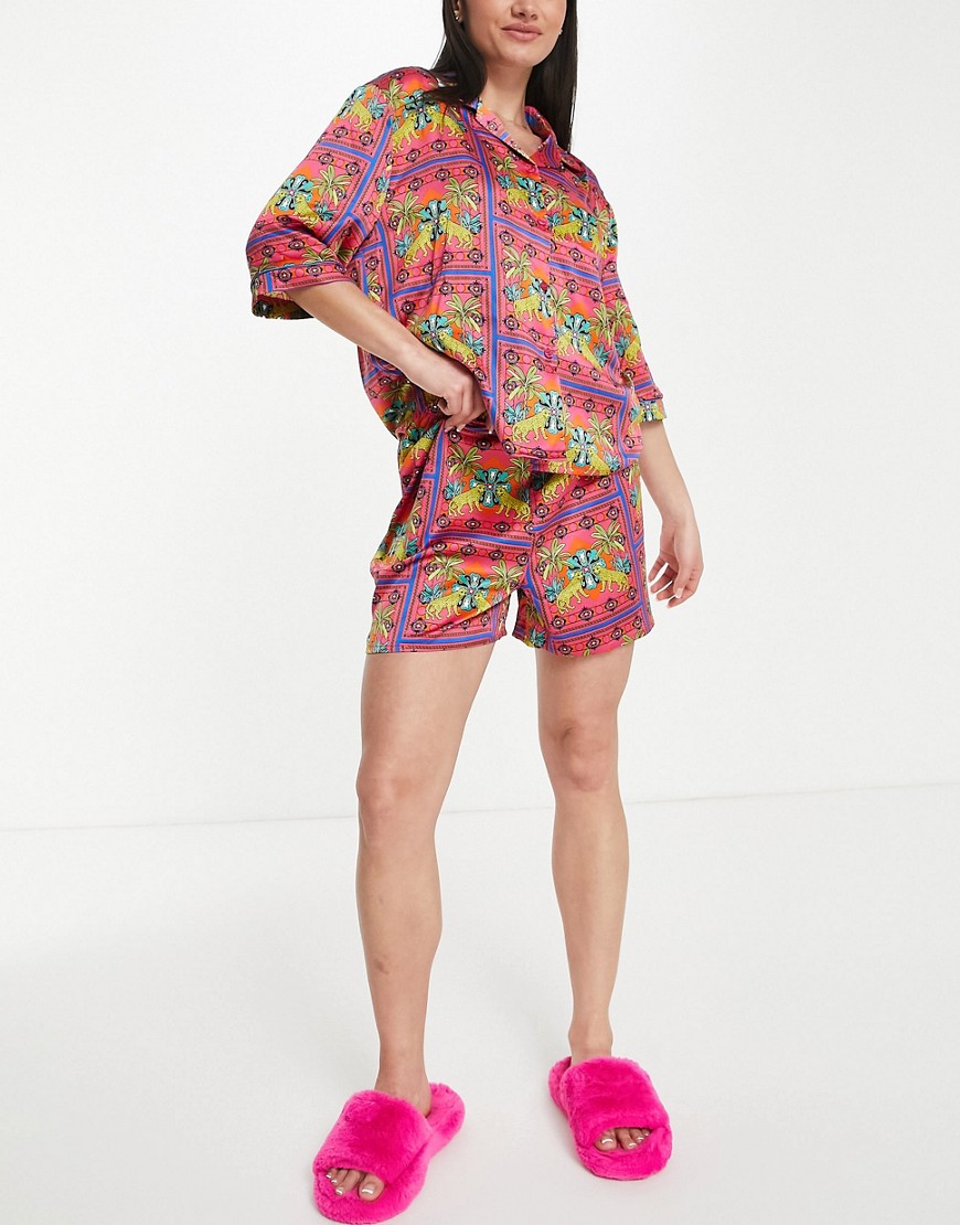 Chelsea Peers premium satin revere top and short pajama set in multi leopard scarf print