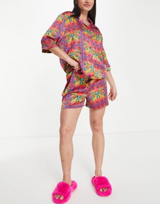 Chelsea Peers premium satin revere top and short pyjama set in multi leopard scarf print