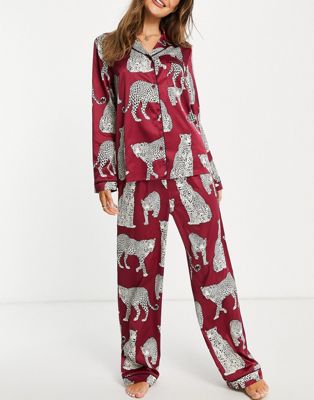 Chelsea Peers premium satin revere top and trouser pyjama set in wine leopard print