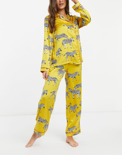 Chelsea Peers premium satin zebra printed long revere pajama set in mustard