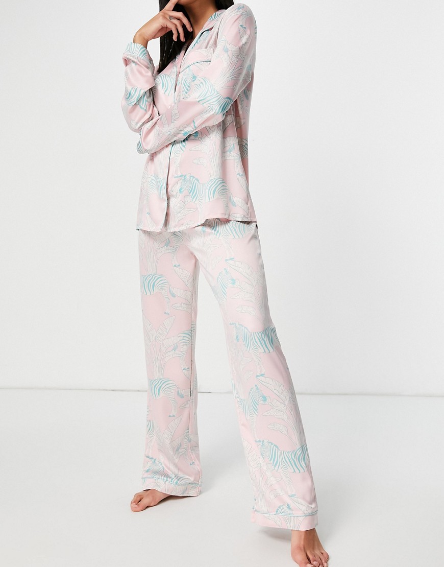 Chelsea Peers premium satin Zebra printed long revere pajama set in pastel pink