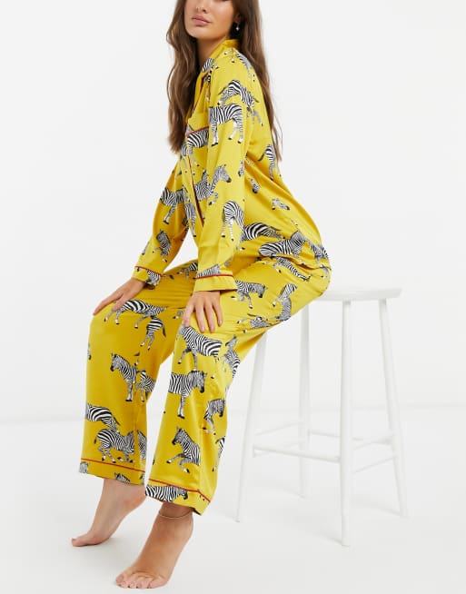 Chelsea Peers Premium Satin Zebra Printed Long Revere Pyjama Set In Mustard Faoswalim