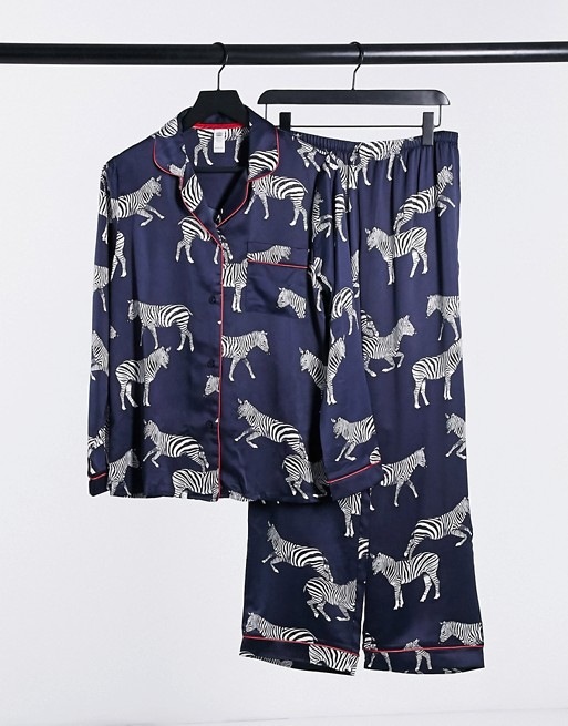 Chelsea Peers premium satin Zebra printed long revere pyjama set in navy