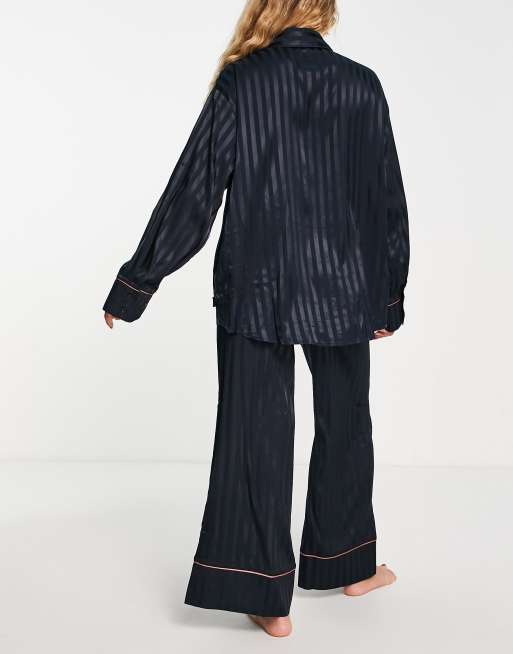 Chelsea Peers premium stripe satin oversized button front top and wide leg trouser pyjama set in navy, 4 of 4