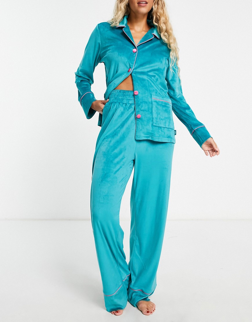 Chelsea Peers premium velour button up & relaxed pants pajama set in teal-Green