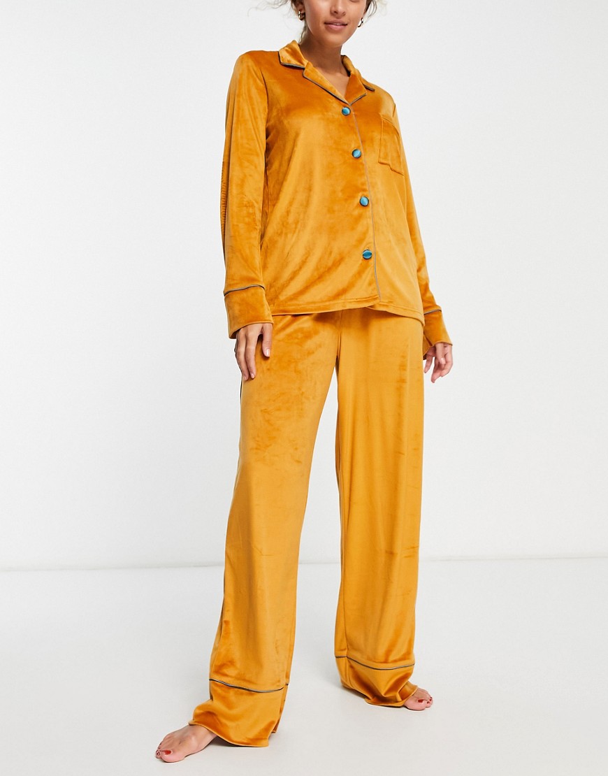 Chelsea Peers premium velour button up top and pants set in orange