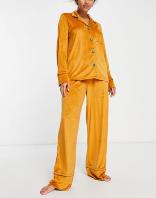 Chelsea Peers premium velour button up top and trouser set in orange