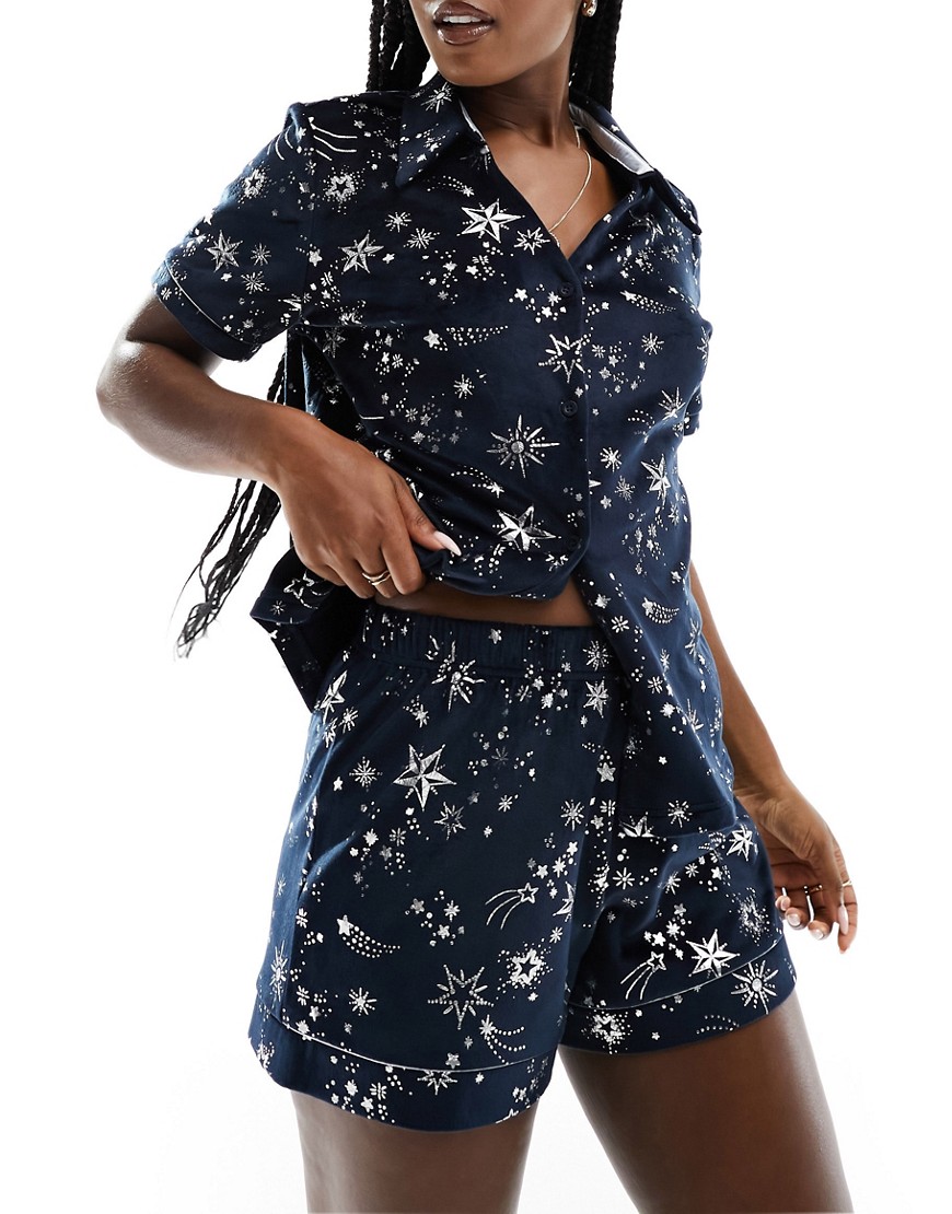 premium velvet camp collar top and short pajama set with shooting star silver foil print in navy