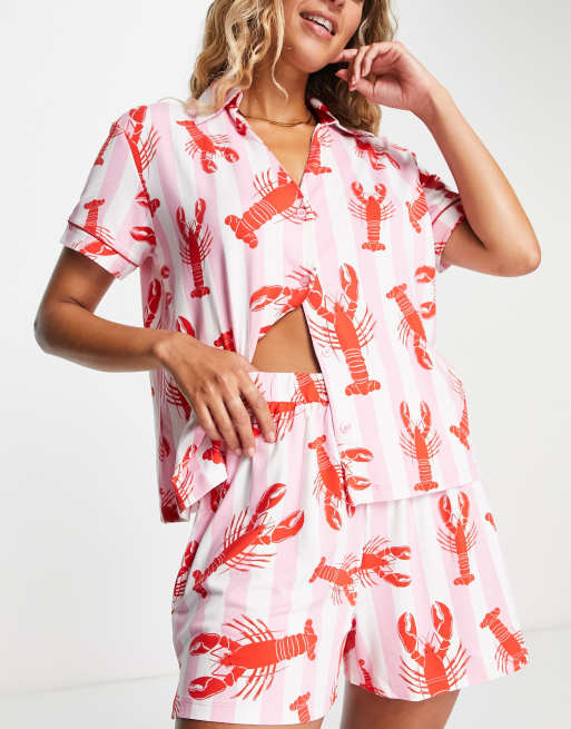 Chelsea Peers – Pyjama aus Oberteil mit Reverskragen und Shorts mit Hummer-Streifenmuster 