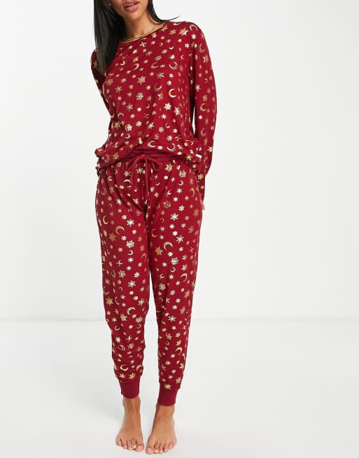 Chelsea Peers – Pyjama aus Polyester in Weinrot mit langärmligem Oberteil und Jogginghose mit Himmelskörper-Prints in Goldfolien-Optik - BURGUNDY
