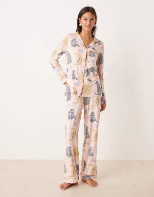 Chelsea Peers - Pyjama aus Polyester mit Himmelskörper- und Tigerprint, bestehend aus langärmligem Oberteil mit Reverskr...